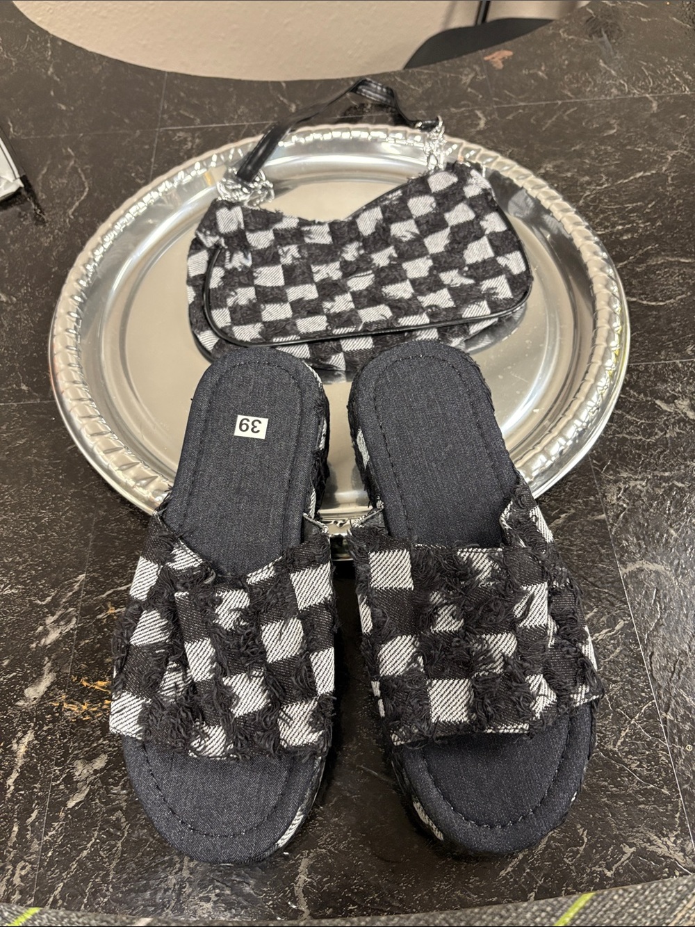 SHEIN Black and White Check Slide Sandals
